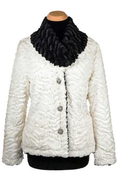 Norma Jean Coat, Reversible - Luxury Faux Fur in Winters Frost with Cuddly Fur in Black - Sold Out!