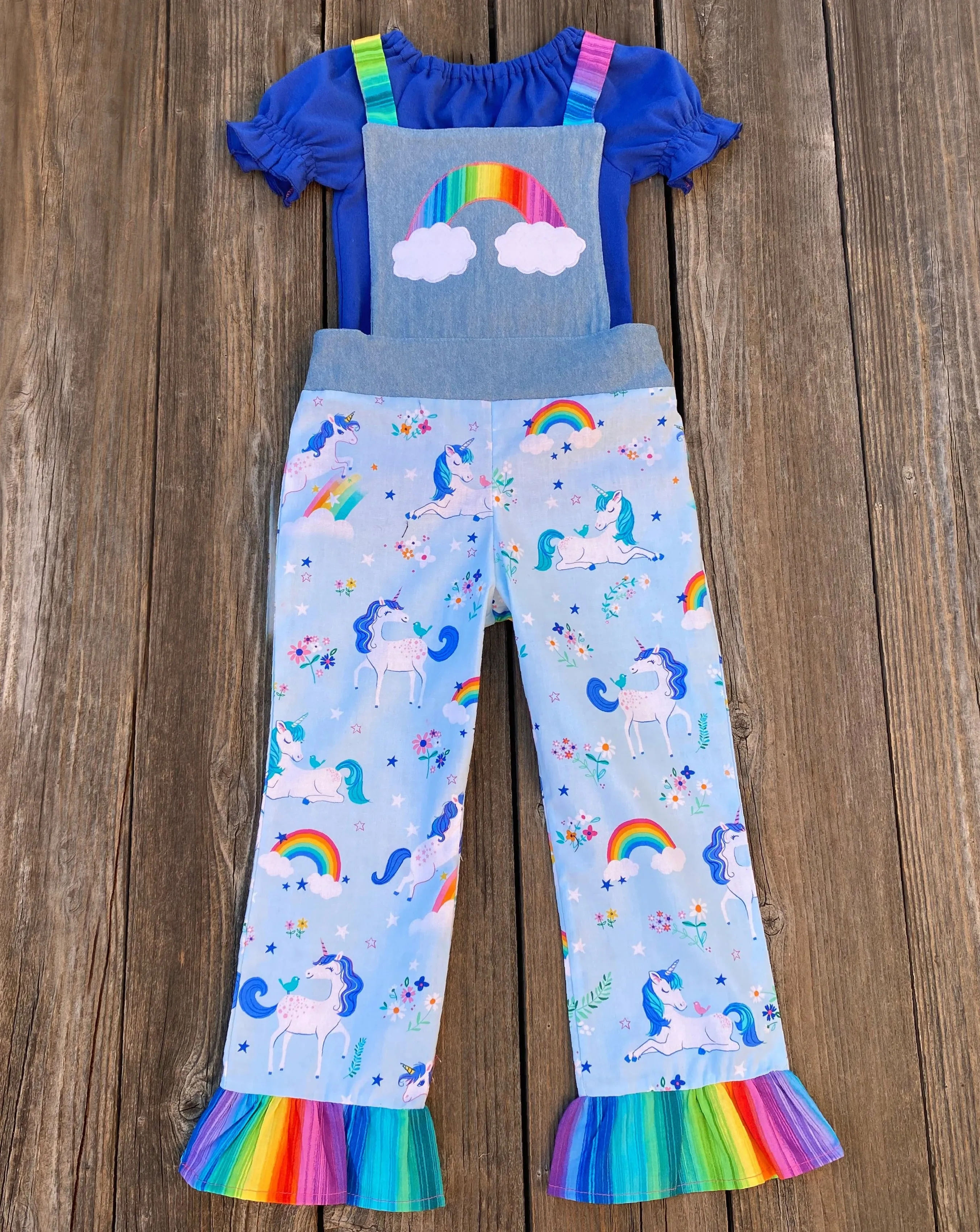 Rainbow Unicorn Overalls & Peasant Top Outfit