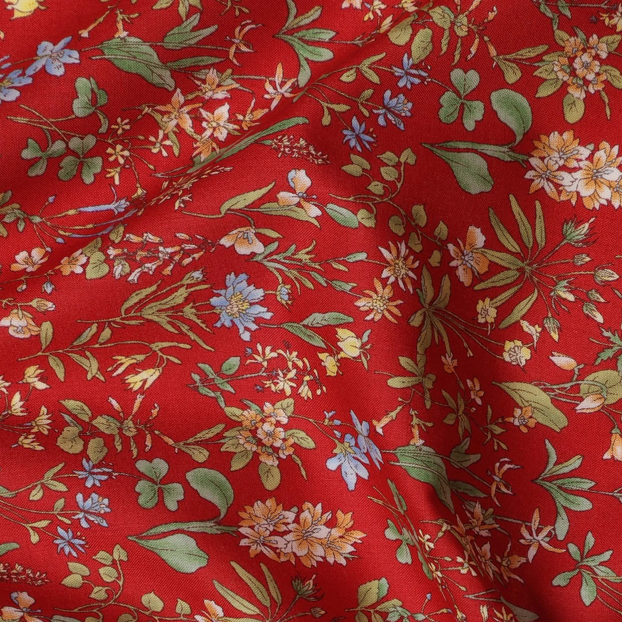 Red Floral Cotton Lawn Digital Print Fabric - 110 cm Width-D21214