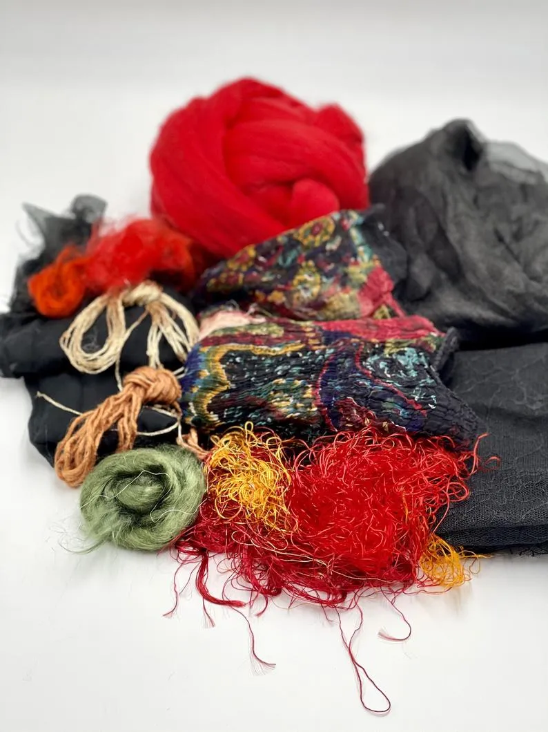 Red Wet Felting Supplies, Needle Felting, Craft Wet Felting Materials, Fibers Pack, Silk Scarf, Felting Kit