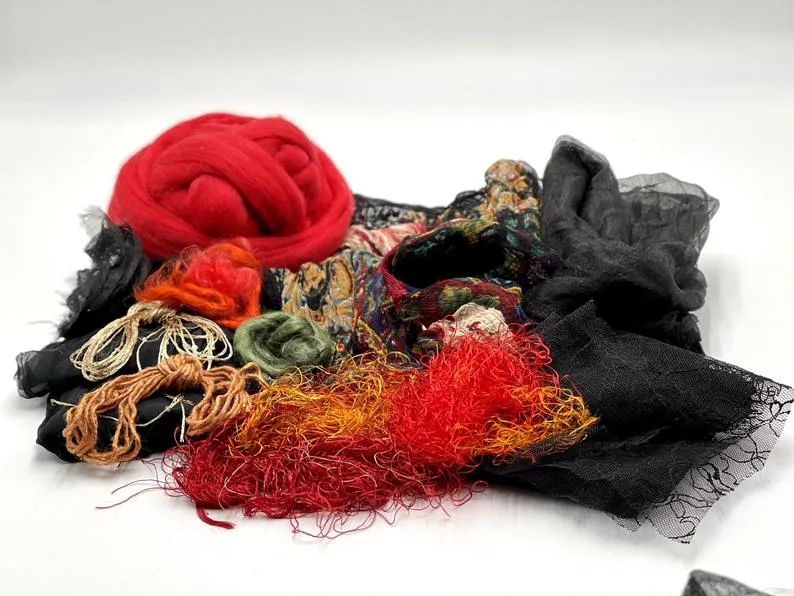 Red Wet Felting Supplies, Needle Felting, Craft Wet Felting Materials, Fibers Pack, Silk Scarf, Felting Kit