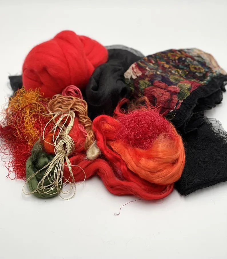 Red Wet Felting Supplies, Needle Felting, Craft Wet Felting Materials, Fibers Pack, Silk Scarf, Felting Kit