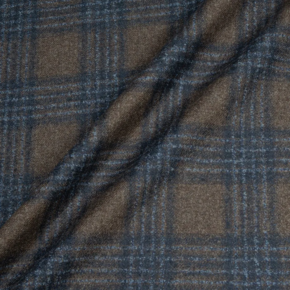 Rich Brown & Navy Blue Checkered Wool, Silk & Cashmere Suiting