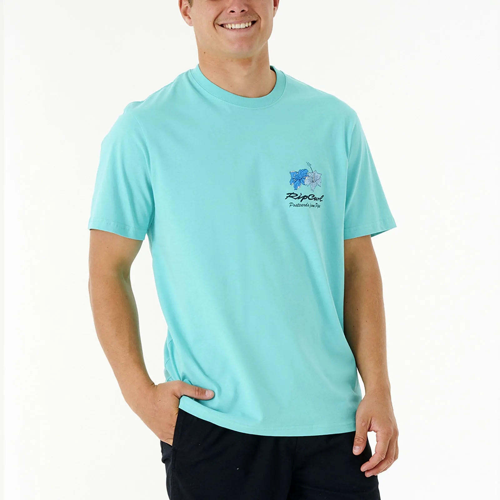 Rip Curl Mens Postcard Hibiscus Crew Neck T-Shirt  - Aqua