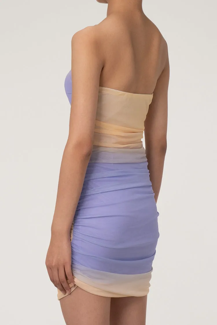 Romantic Ombre Tie Dye Strapless Ruched Bodycon Mesh Party Mini Dress