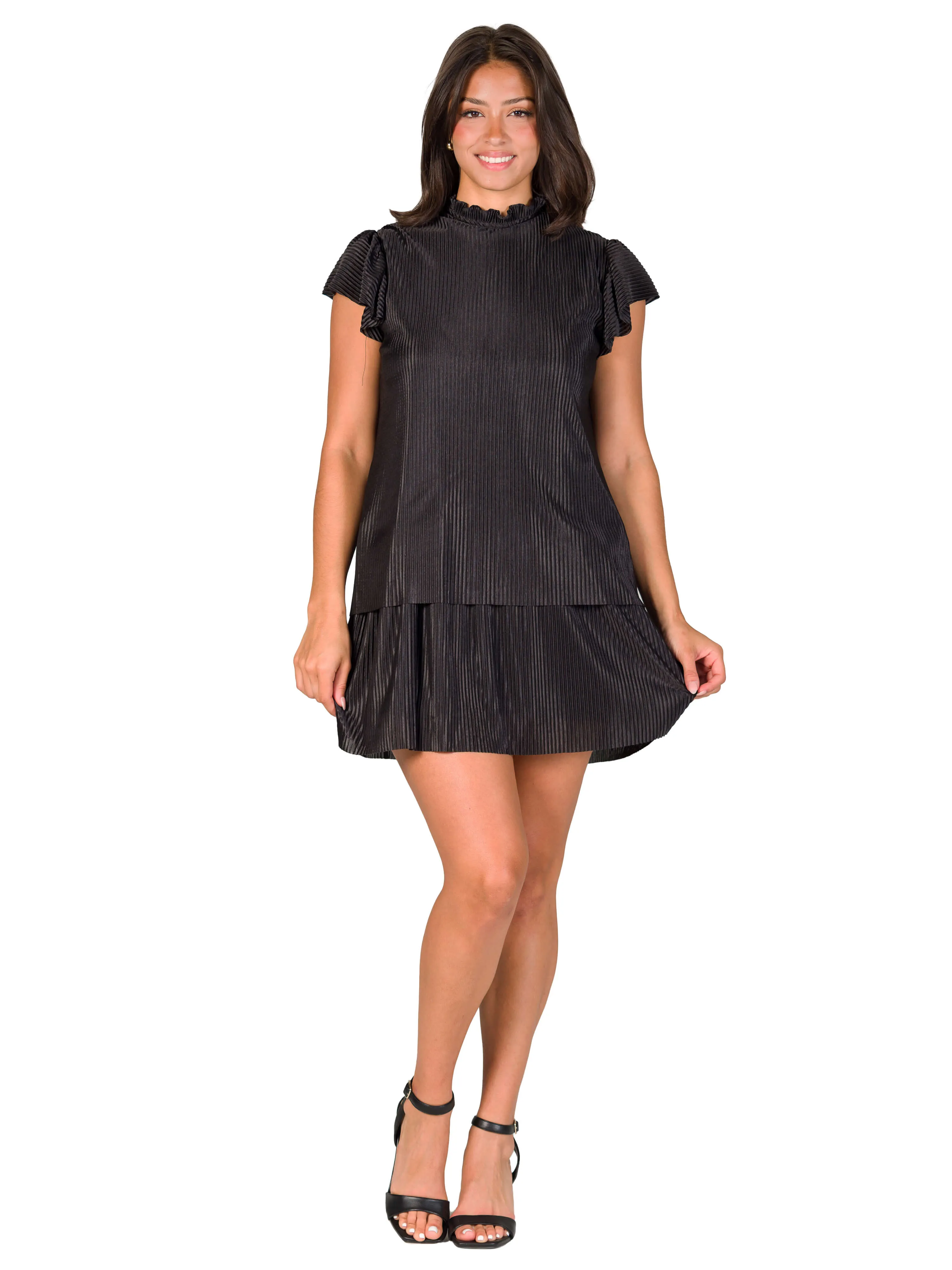 Ruffle Cap Sleeve High Neck Pleated Tiered Mini Dress