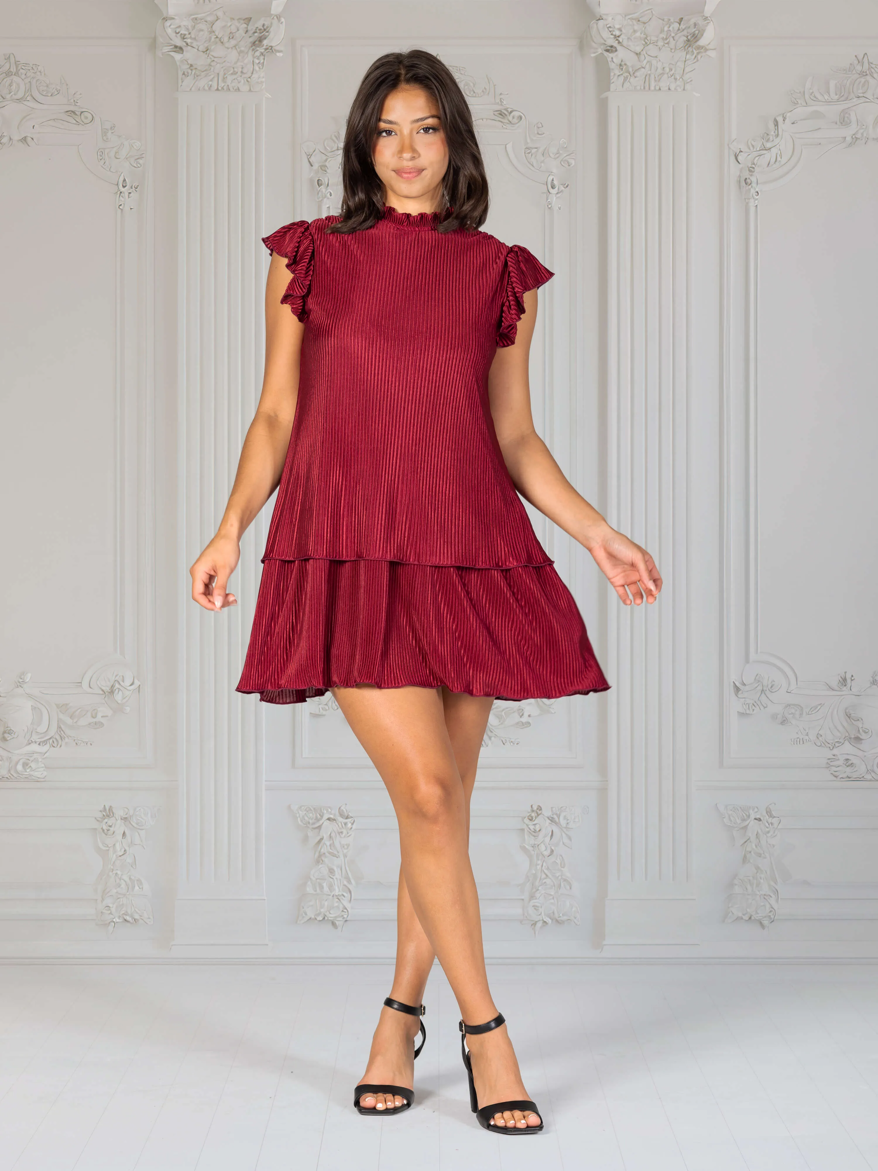 Ruffle Cap Sleeve High Neck Pleated Tiered Mini Dress