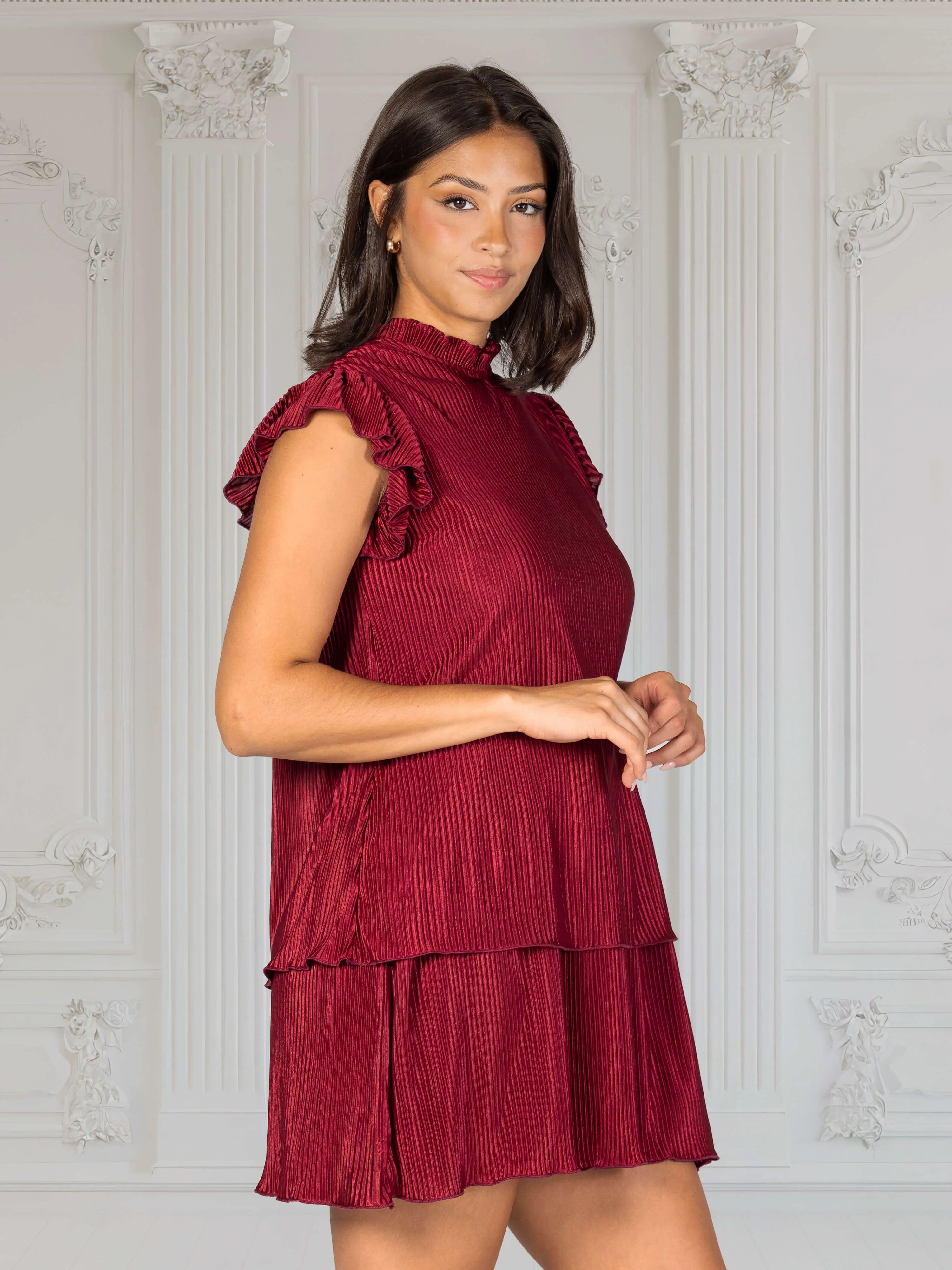 Ruffle Cap Sleeve High Neck Pleated Tiered Mini Dress