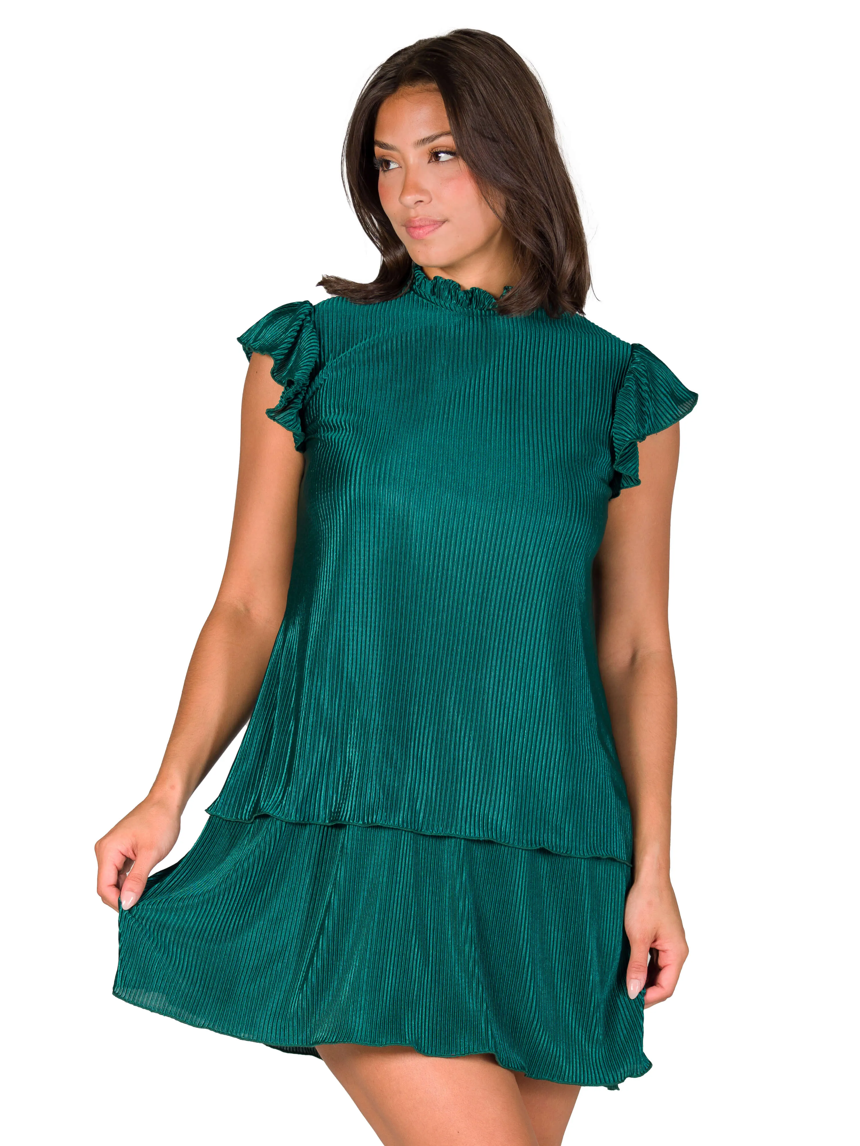 Ruffle Cap Sleeve High Neck Pleated Tiered Mini Dress