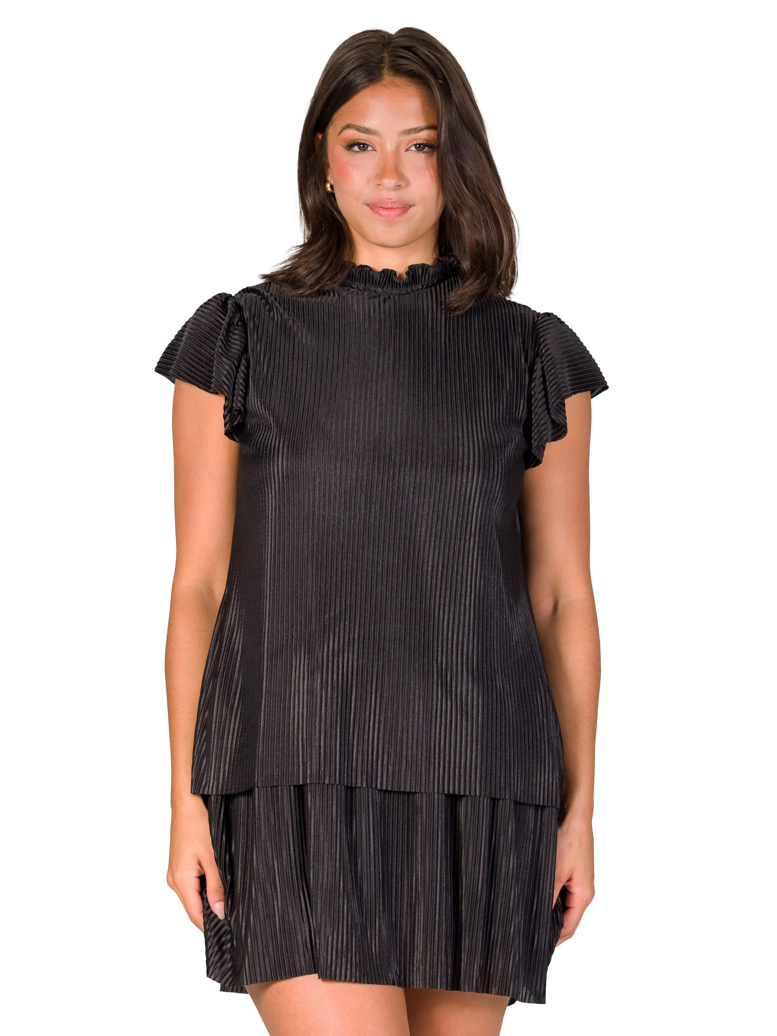 Ruffle Cap Sleeve High Neck Pleated Tiered Mini Dress