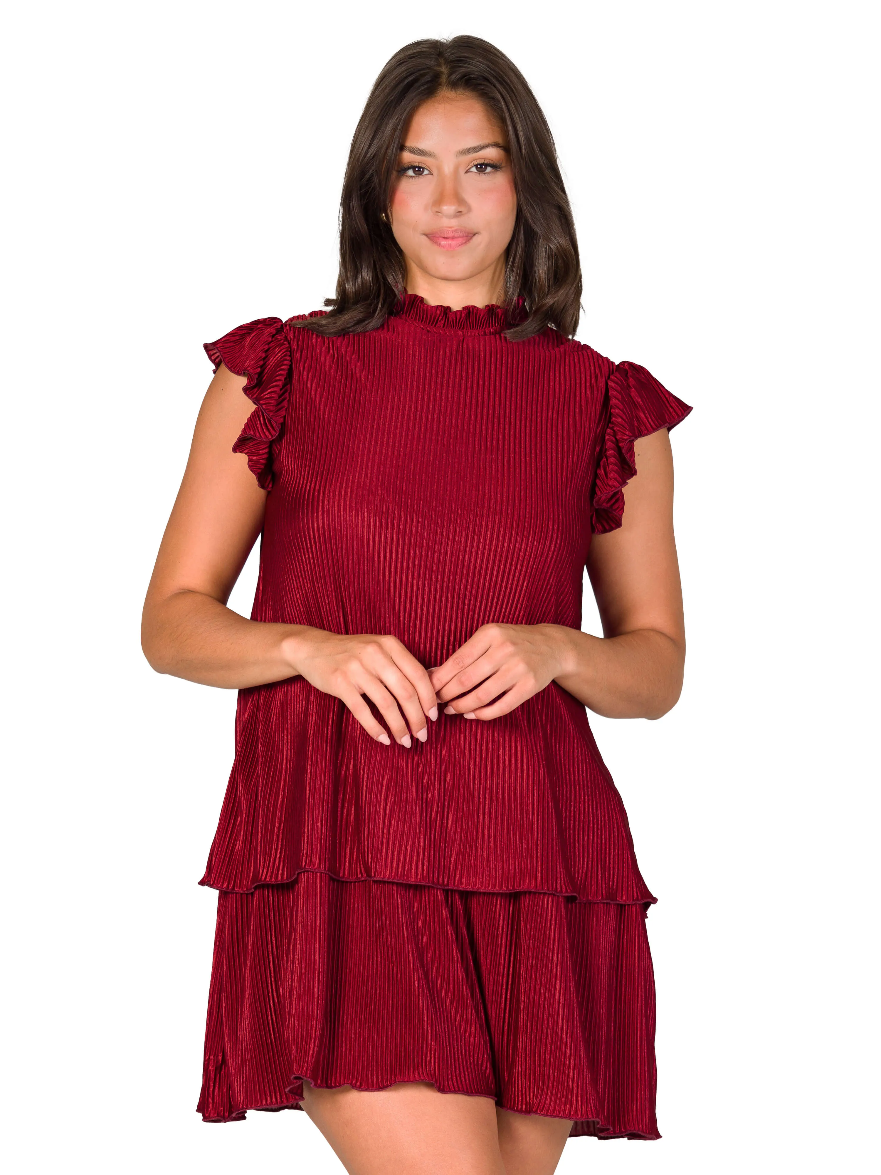 Ruffle Cap Sleeve High Neck Pleated Tiered Mini Dress