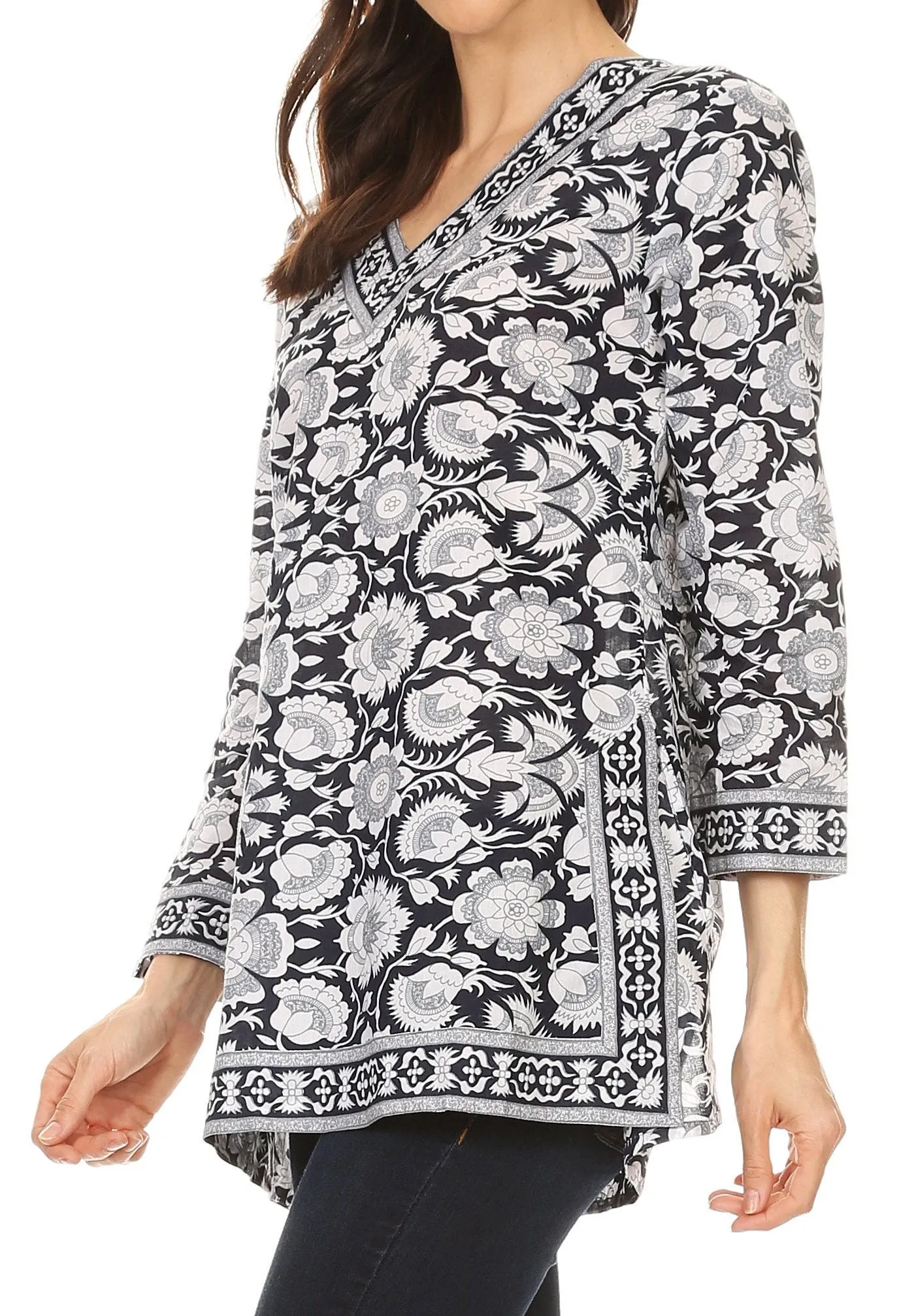 Sakkas Assia Damask Floral Long Sleeve Blouse Tunic