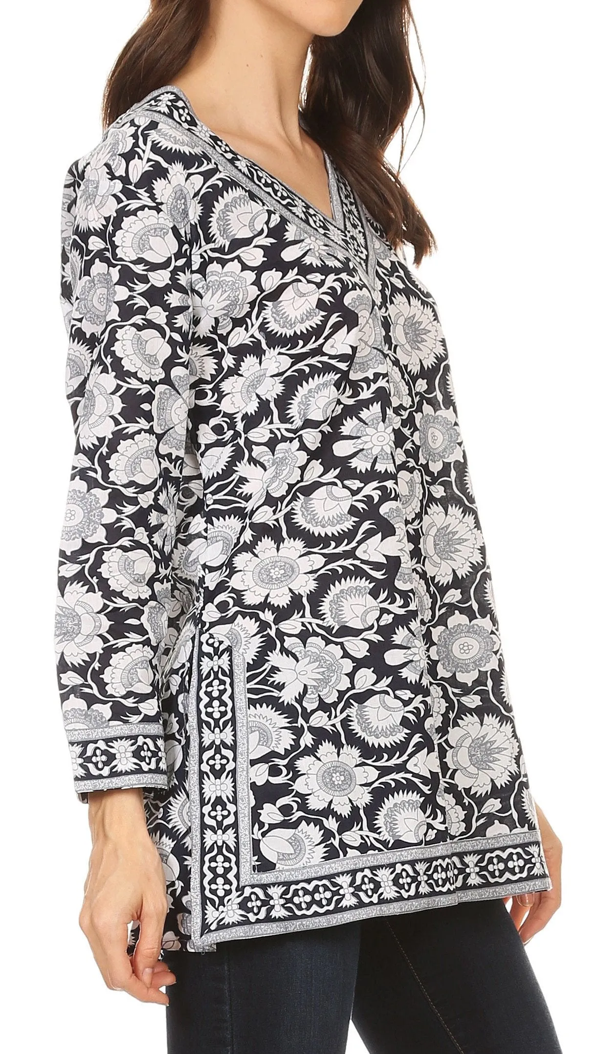 Sakkas Assia Damask Floral Long Sleeve Blouse Tunic