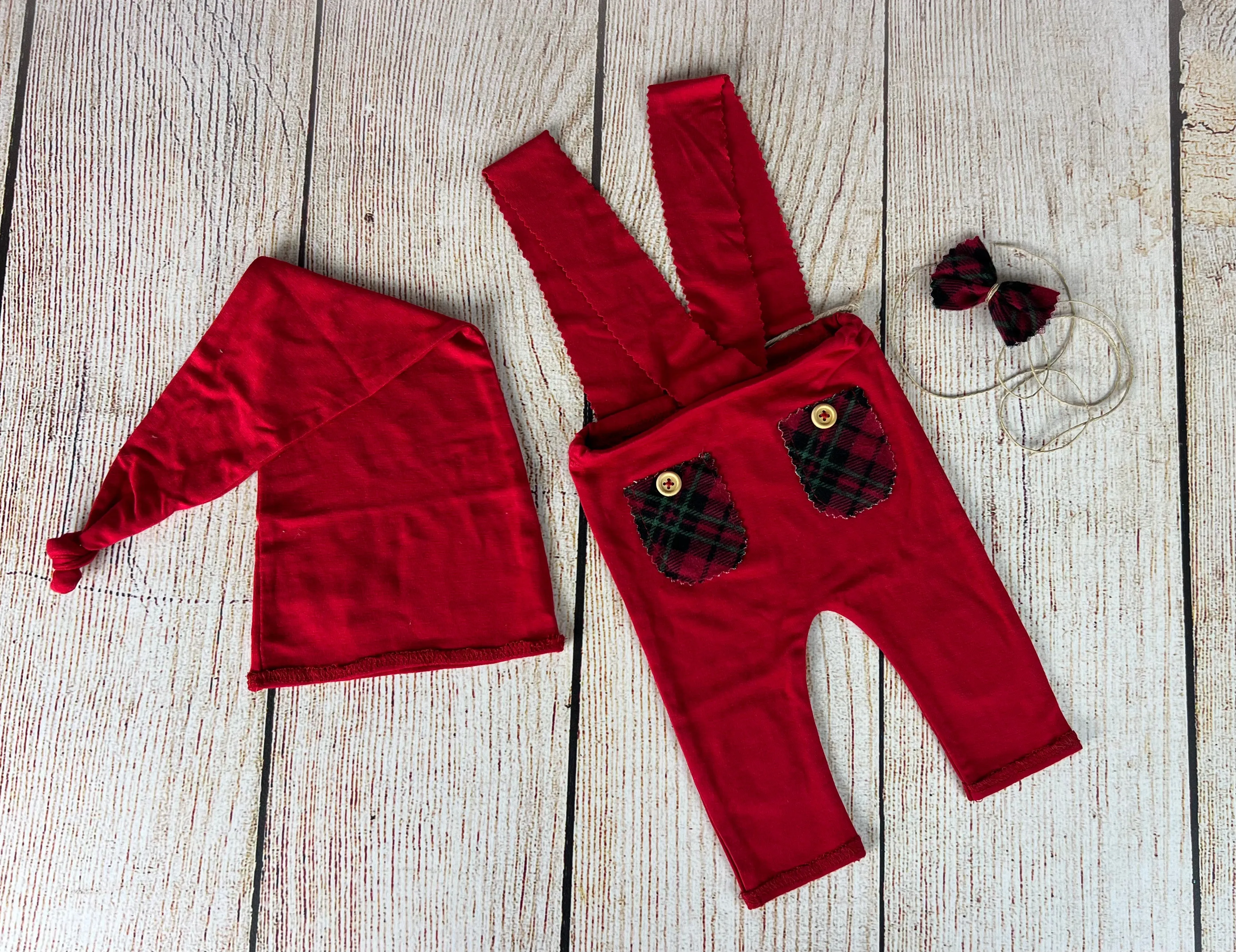 SET Dungarees 3-Piece Christmas Plaid - Red