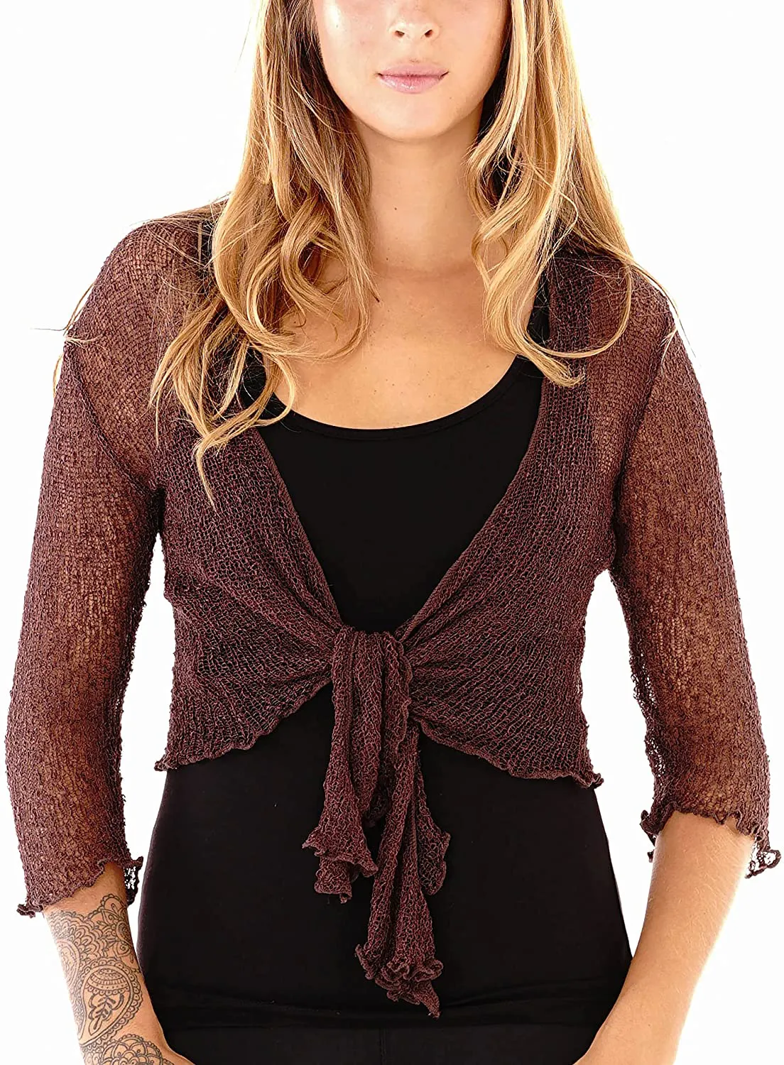 SHU-SHI Womens Sheer Shrug Tie Top Open Front Cardigan Lightweight Knit