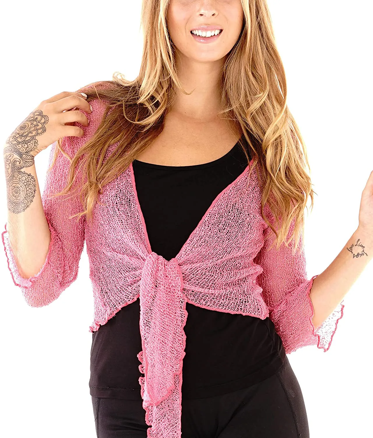 SHU-SHI Womens Sheer Shrug Tie Top Open Front Cardigan Lightweight Knit