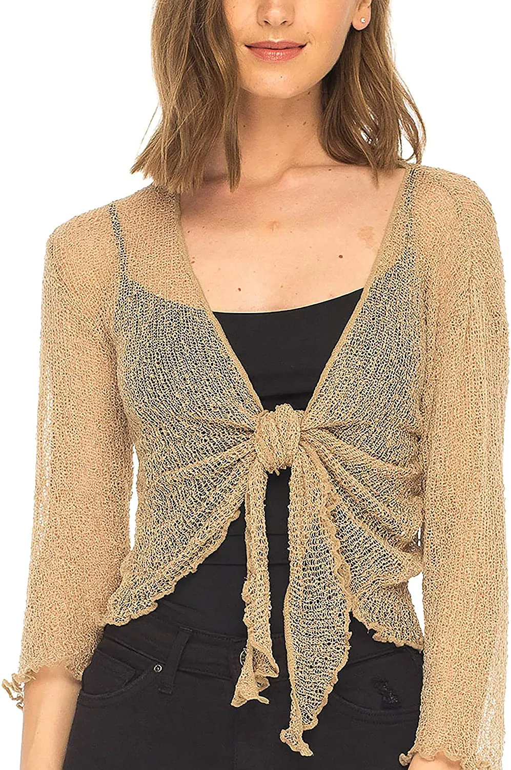 SHU-SHI Womens Sheer Shrug Tie Top Open Front Cardigan Lightweight Knit