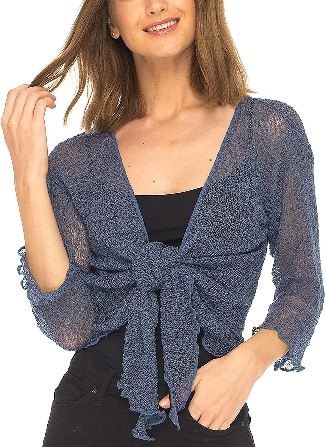 SHU-SHI Womens Sheer Shrug Tie Top Open Front Cardigan Lightweight Knit