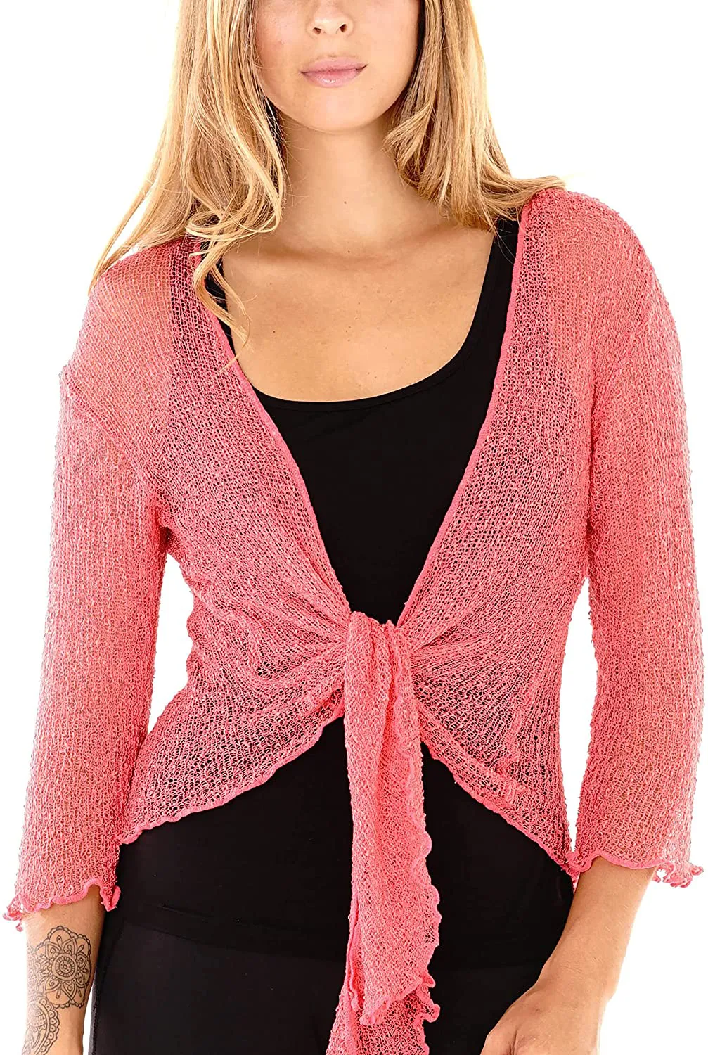 SHU-SHI Womens Sheer Shrug Tie Top Open Front Cardigan Lightweight Knit