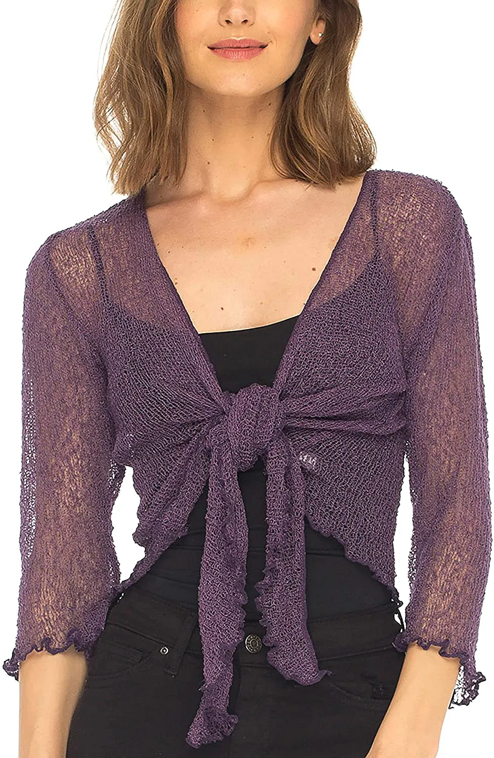 SHU-SHI Womens Sheer Shrug Tie Top Open Front Cardigan Lightweight Knit