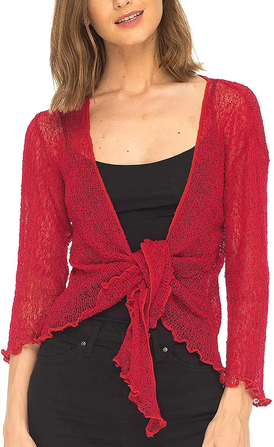 SHU-SHI Womens Sheer Shrug Tie Top Open Front Cardigan Lightweight Knit