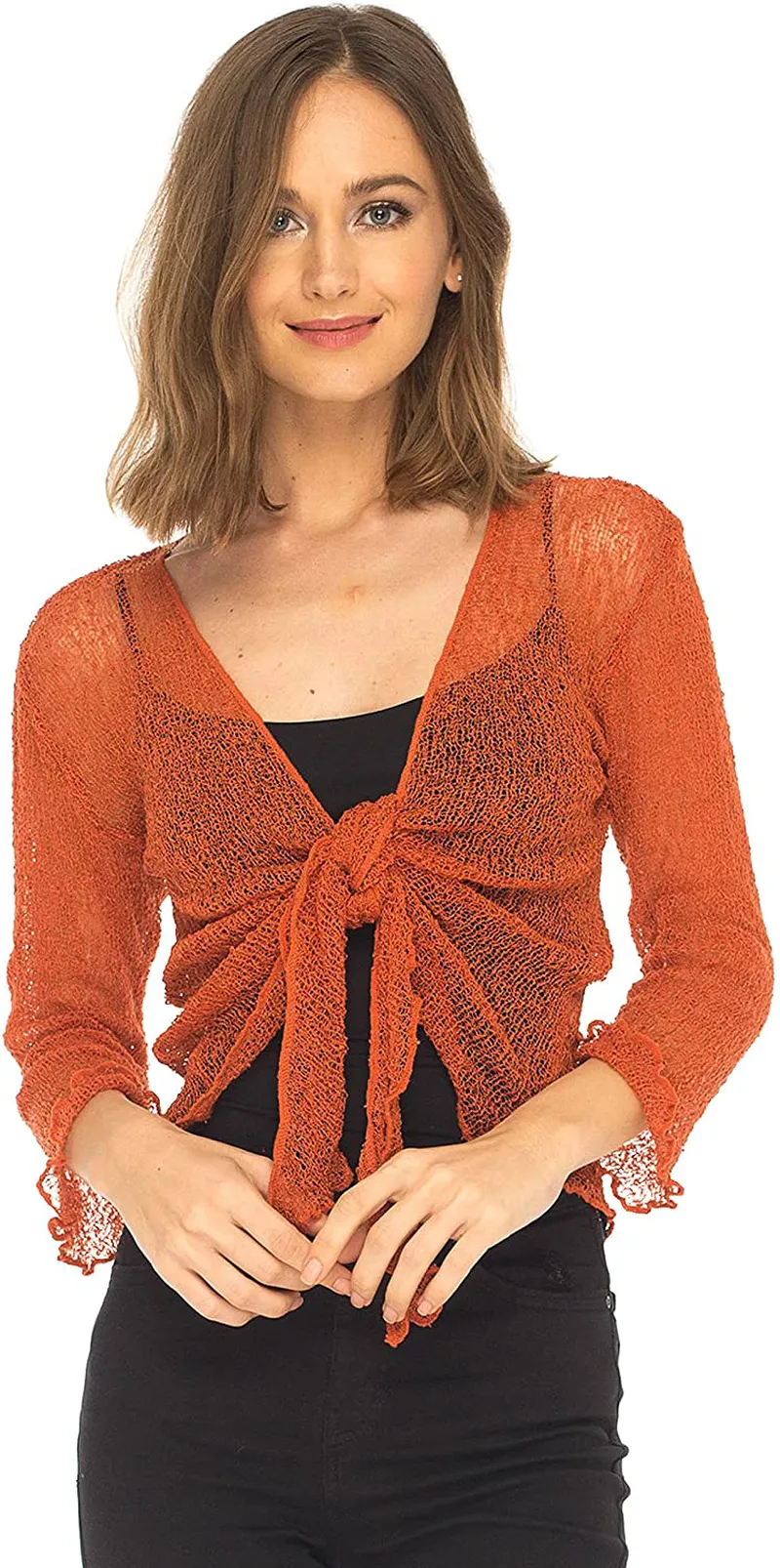 SHU-SHI Womens Sheer Shrug Tie Top Open Front Cardigan Lightweight Knit