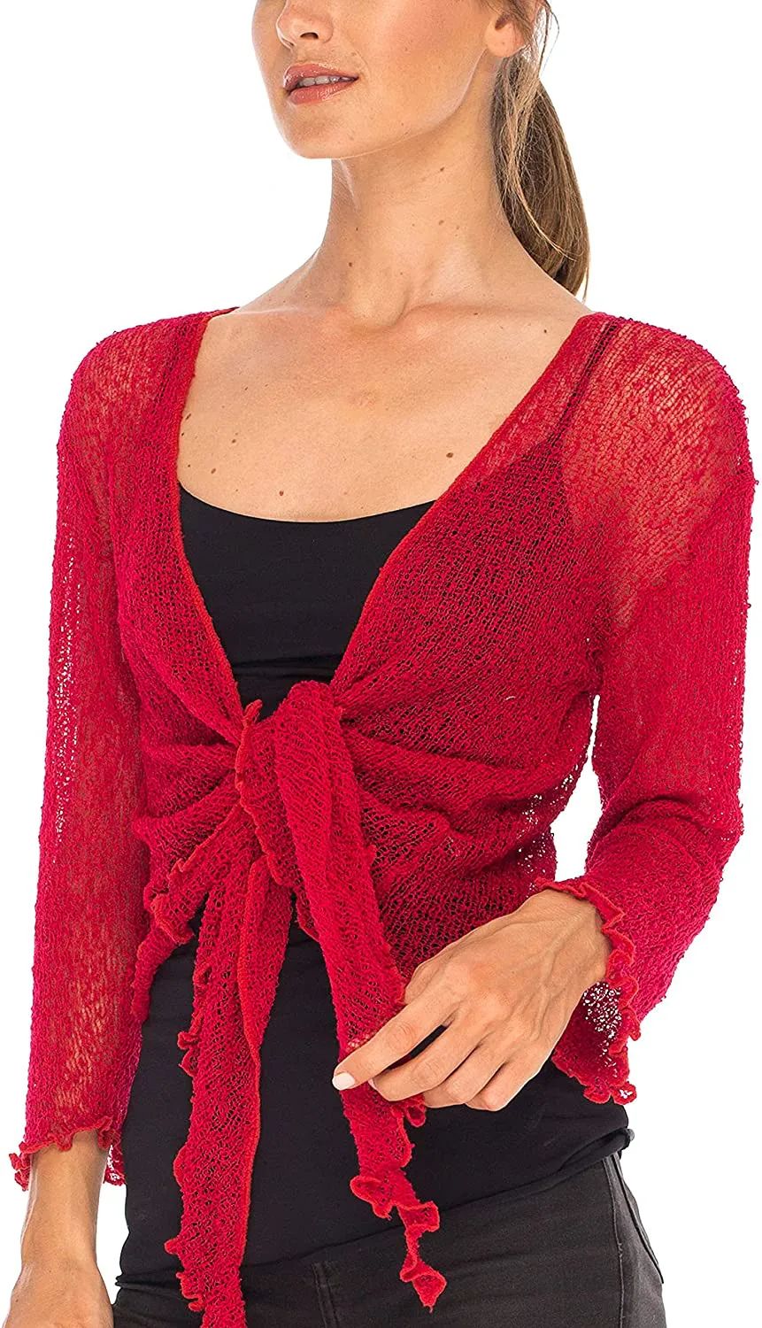 SHU-SHI Womens Sheer Shrug Tie Top Open Front Cardigan Lightweight Knit