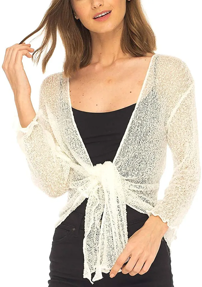 SHU-SHI Womens Sheer Shrug Tie Top Open Front Cardigan Lightweight Knit