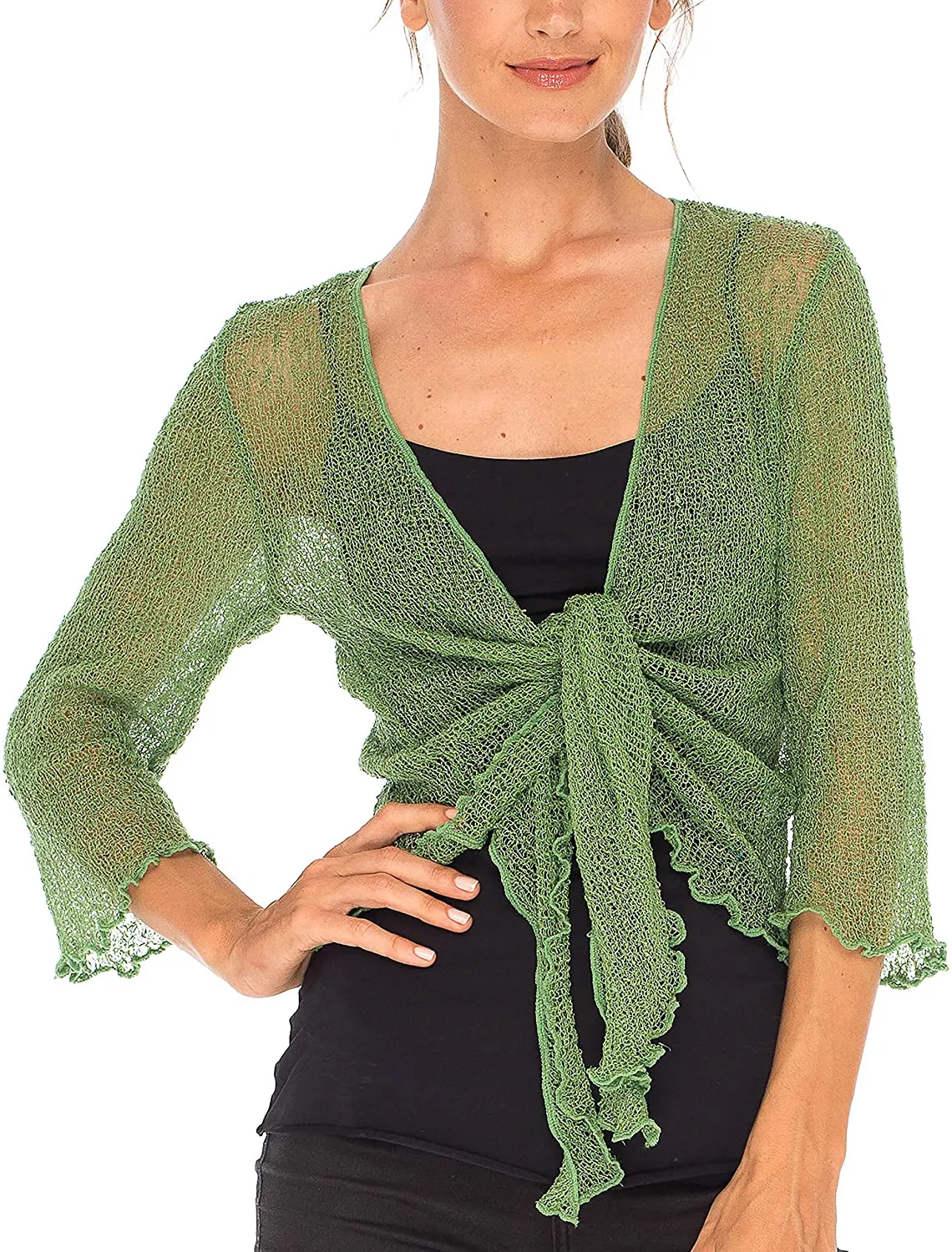 SHU-SHI Womens Sheer Shrug Tie Top Open Front Cardigan Lightweight Knit