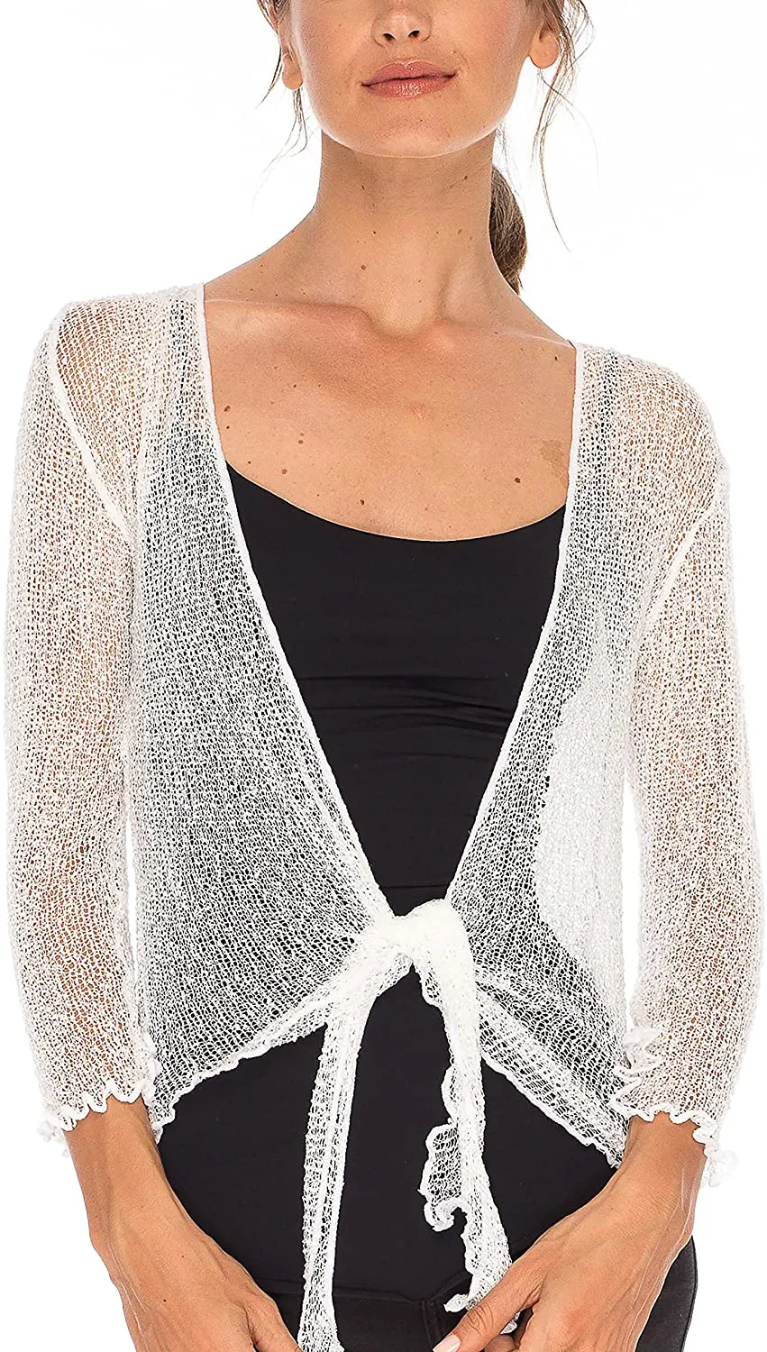 SHU-SHI Womens Sheer Shrug Tie Top Open Front Cardigan Lightweight Knit