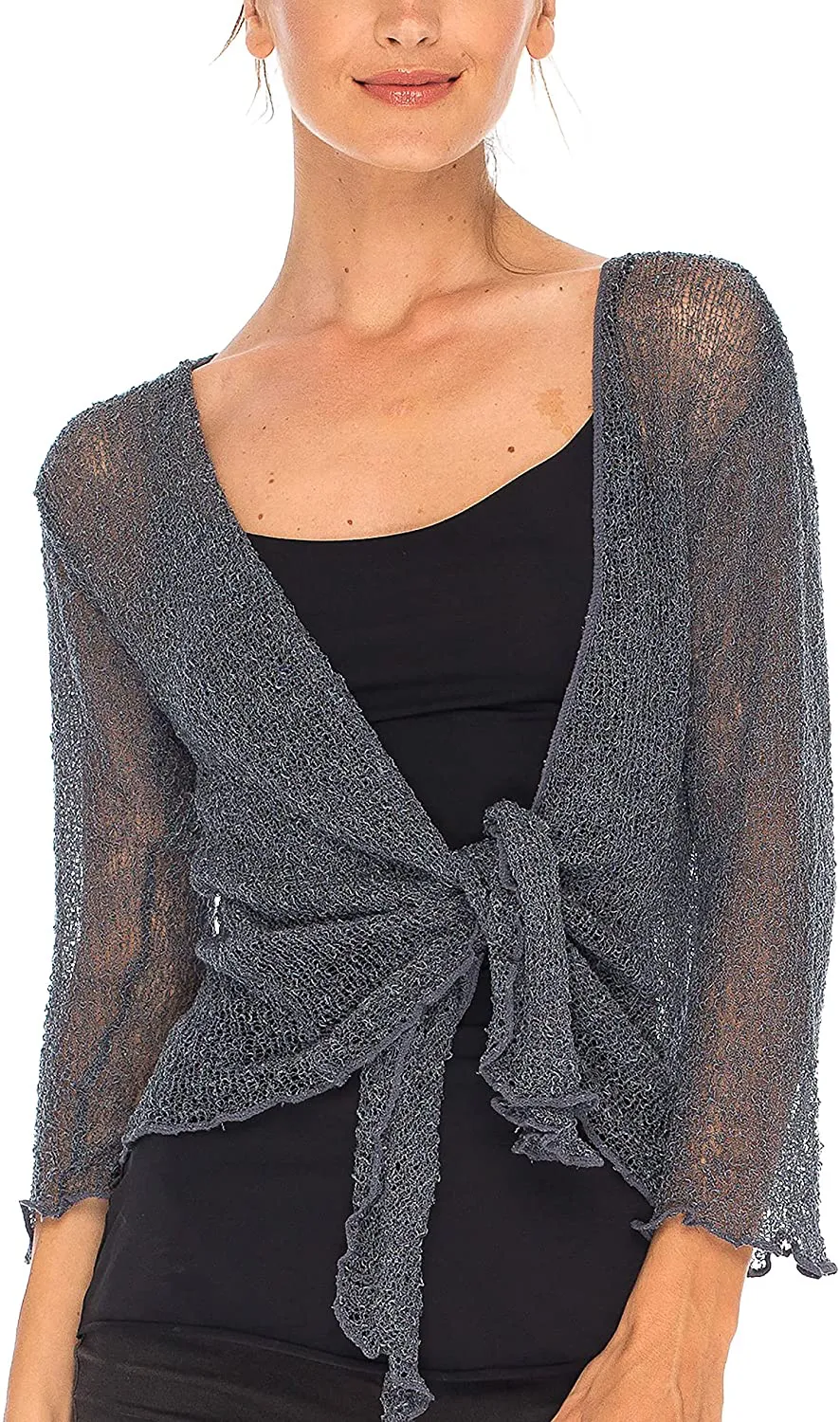 SHU-SHI Womens Sheer Shrug Tie Top Open Front Cardigan Lightweight Knit