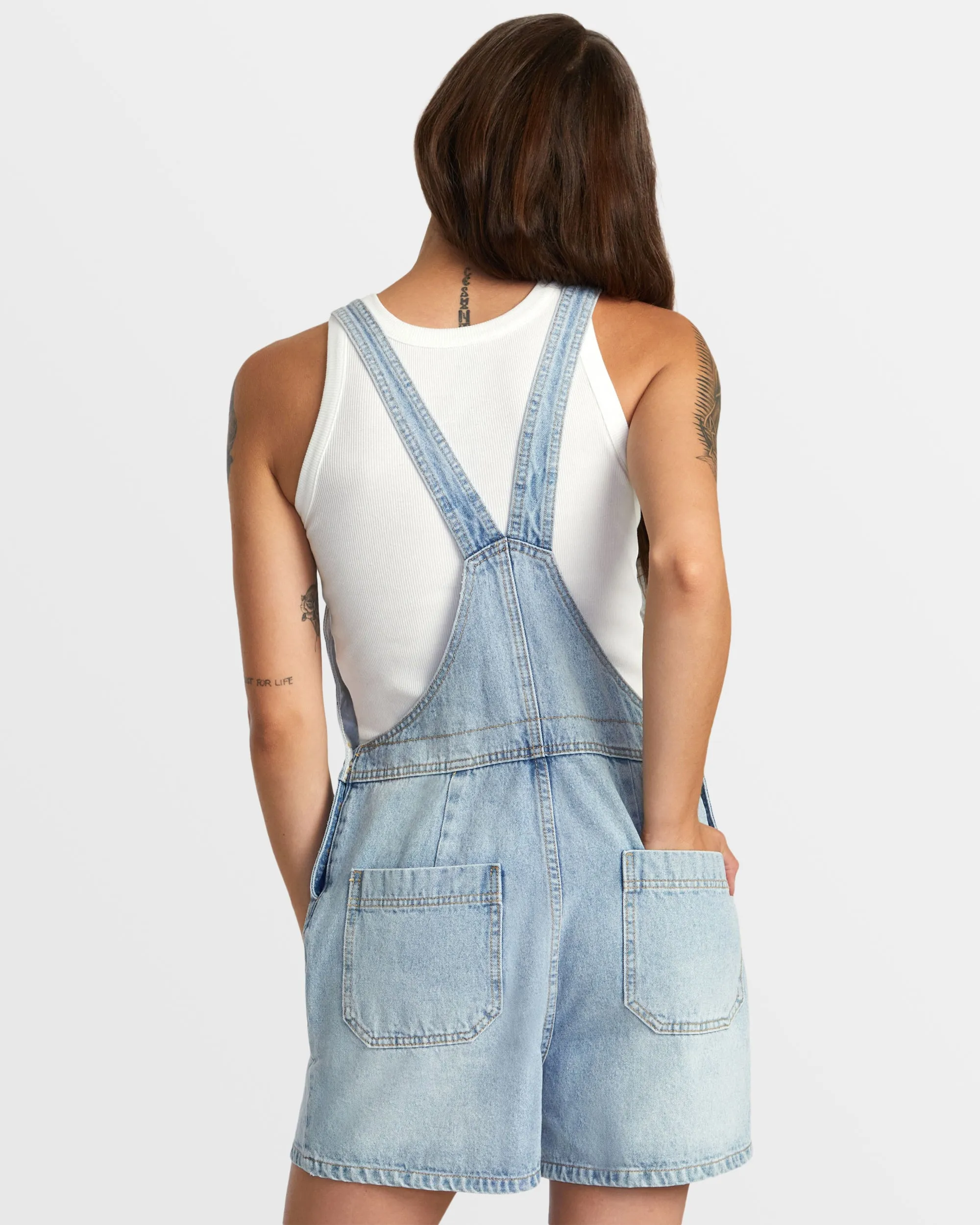 Succession Short Denim Overalls - Bleached Indigo