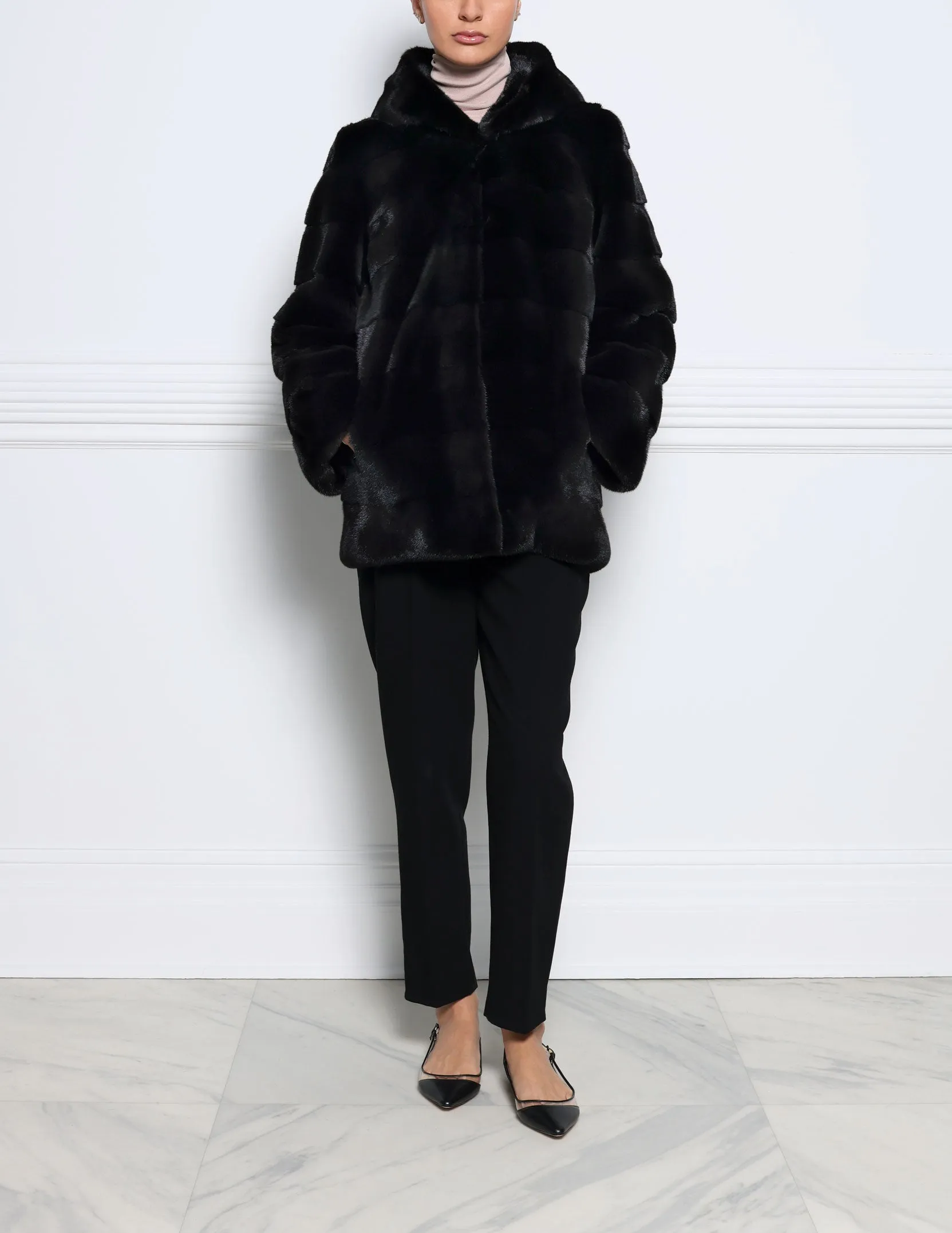 The Emery Hooded Mink Fur Jacket in Black