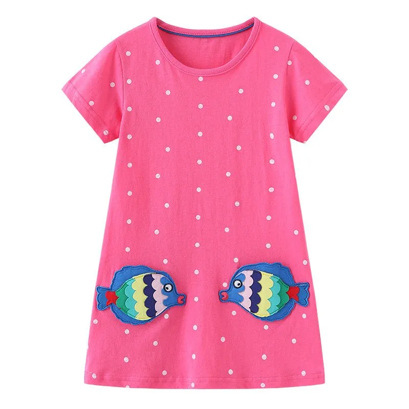 Toddler/Kid Girl's Short Sleeve Pink Dress with Fish Design Pockets