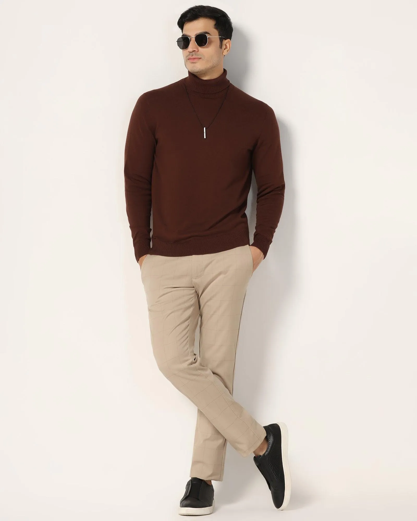 Turtle Neck Dark Brown Solid Sweater - Lake