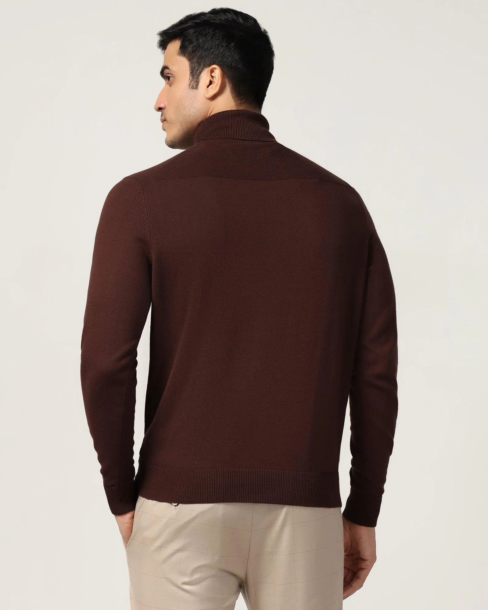 Turtle Neck Dark Brown Solid Sweater - Lake