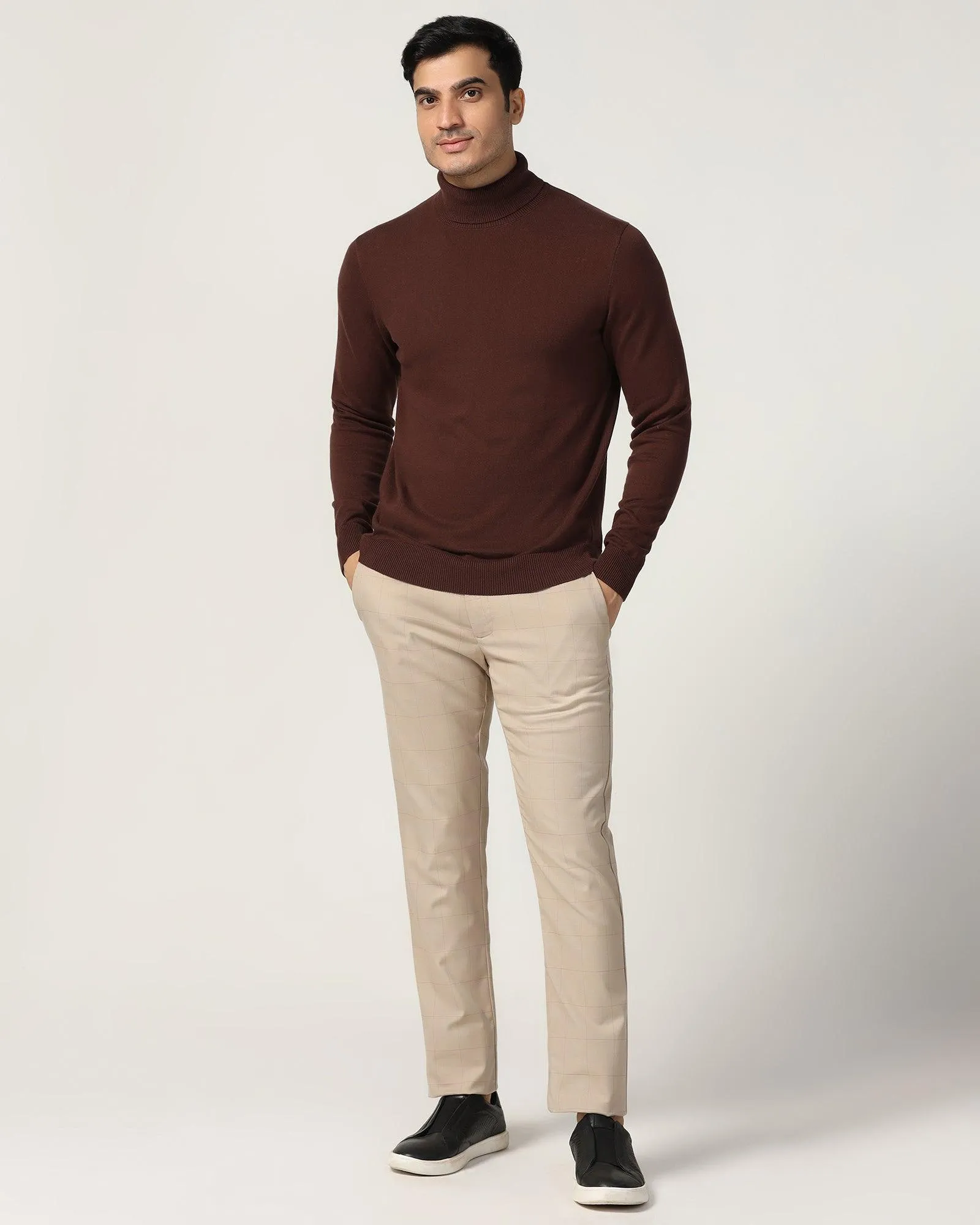 Turtle Neck Dark Brown Solid Sweater - Lake