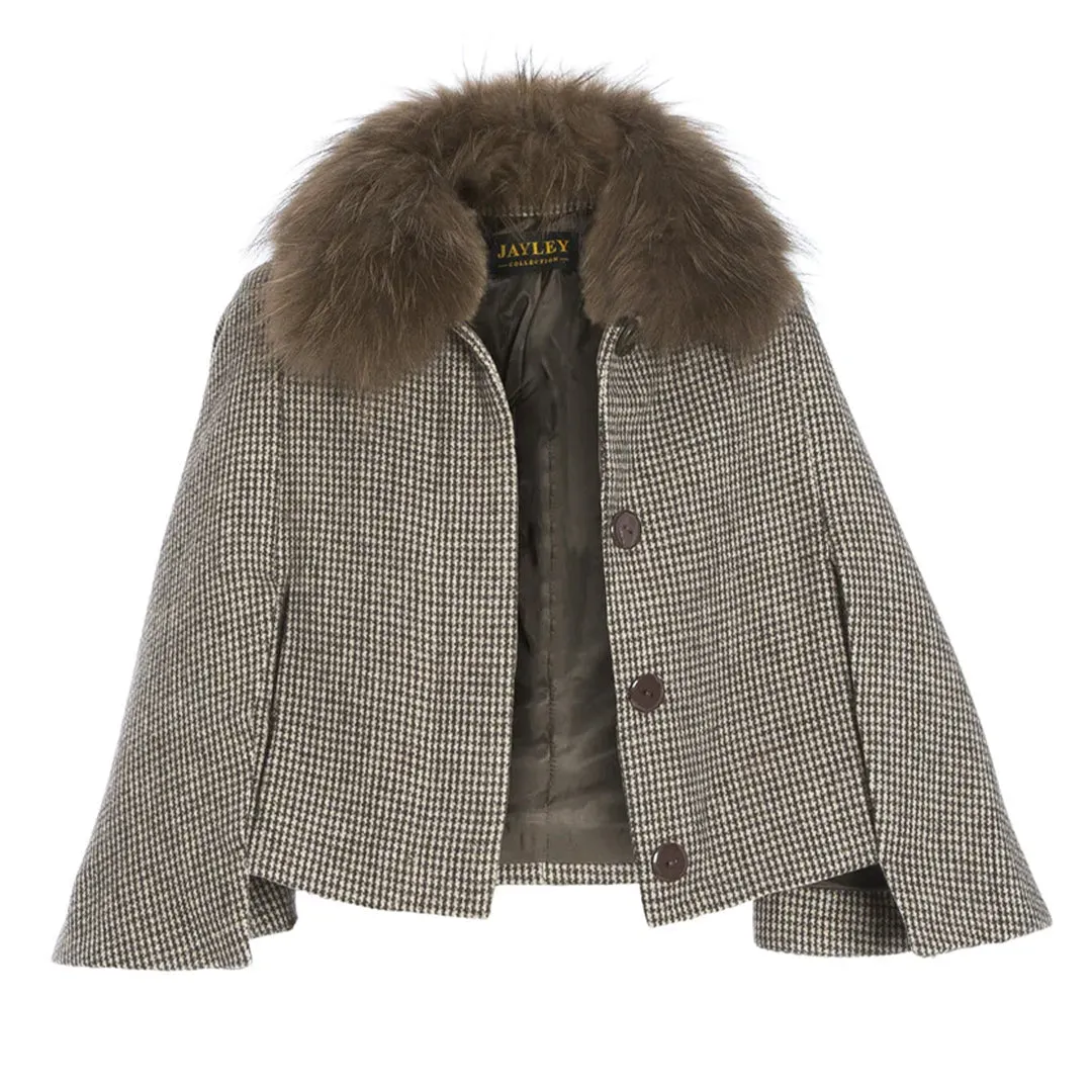 Tweed Fox Fur Cape Jacket by Jayley