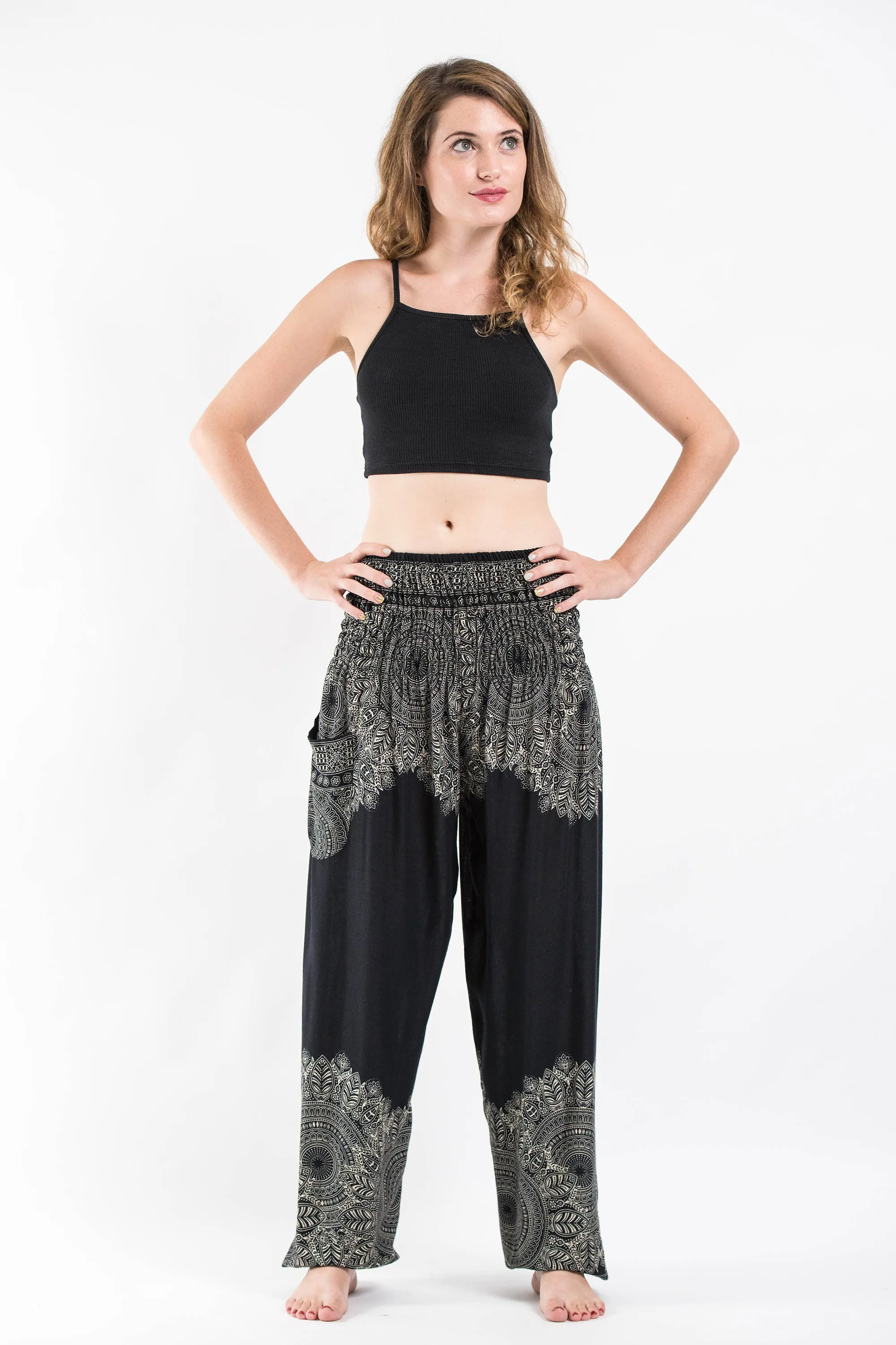 Unisex Floral Mandalas Harem Pants in Black