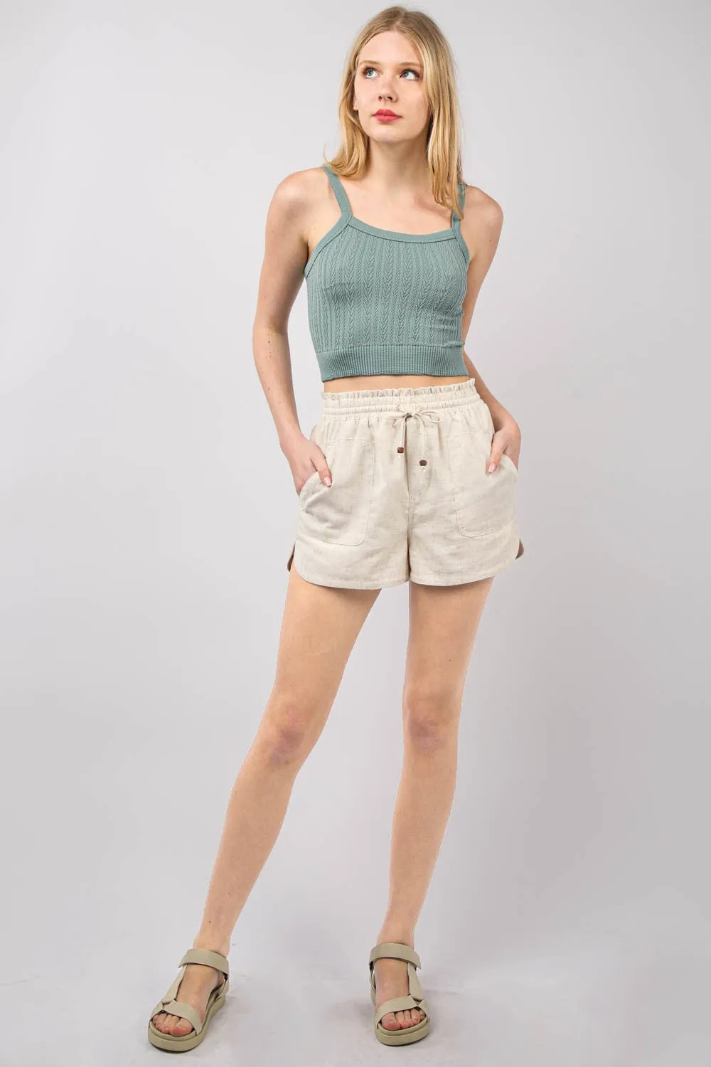 VERY J Drawstring Elastic Waist Linen Shorts