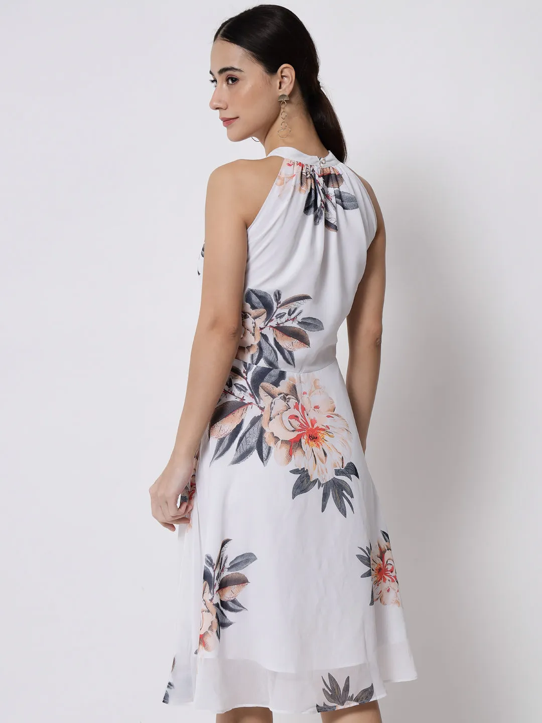 White Floral Printed Georgette Midi Dress