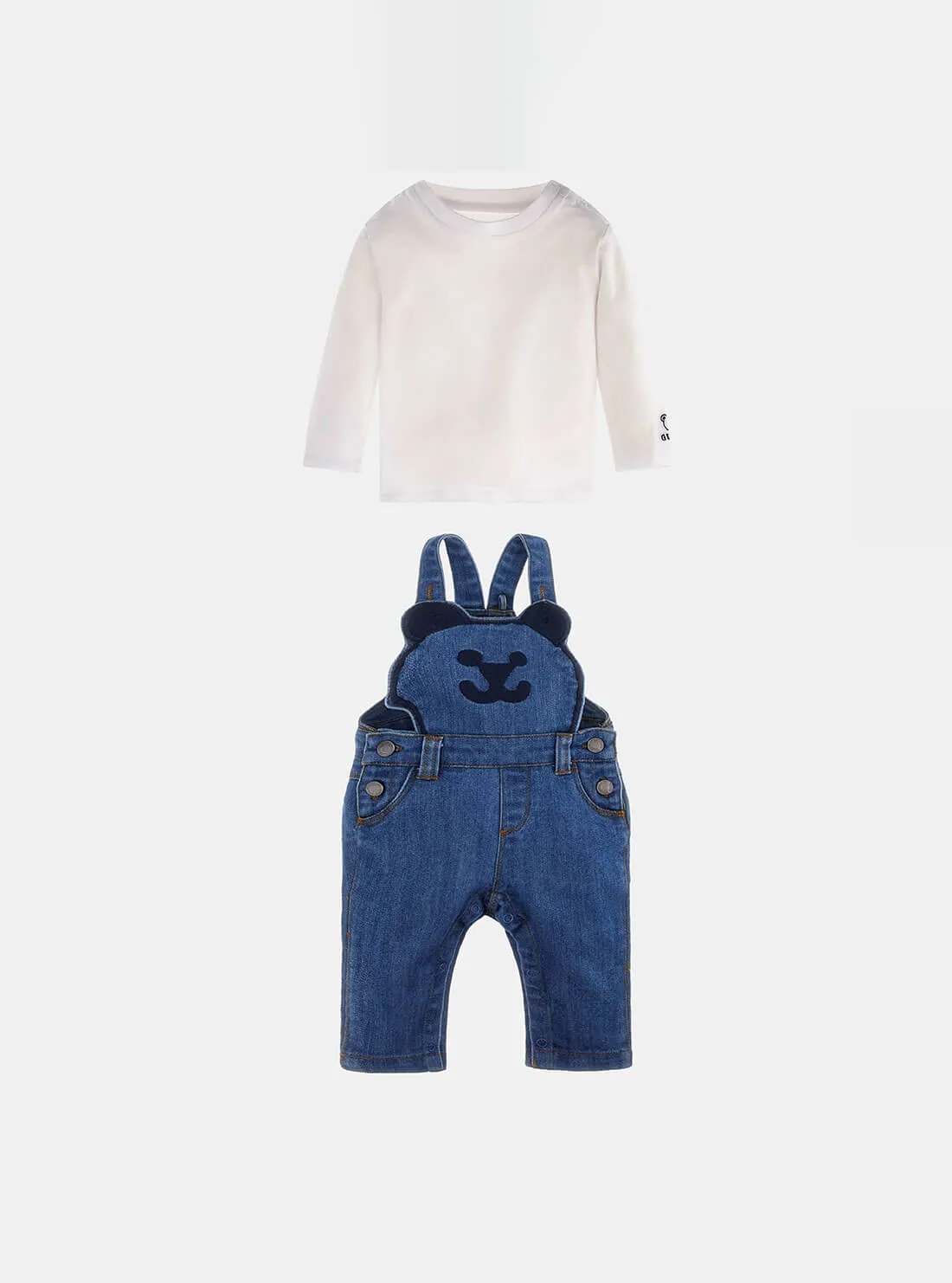 White Long Sleeve Top and Blue Denim Bear Overalls Set (3-18M)