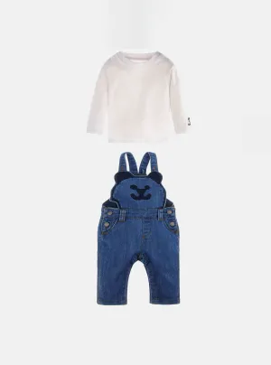 White Long Sleeve Top and Blue Denim Bear Overalls Set (3-18M)