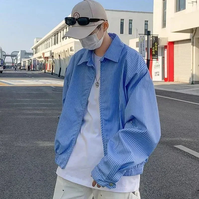 Wiaofellas   -  Spring Clothing Men's Leisure Striped Zipper Short Shirt Jacket  Korean Sky Blue Harajuku Long Sleeve Light Luxury Coats