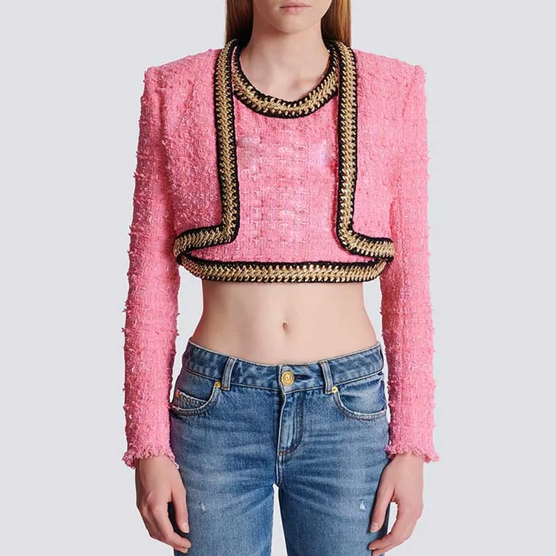 Women Chain-Trimmed Tweed Cropped Jacket Pink