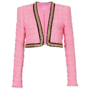 Women Chain-Trimmed Tweed Cropped Jacket Pink